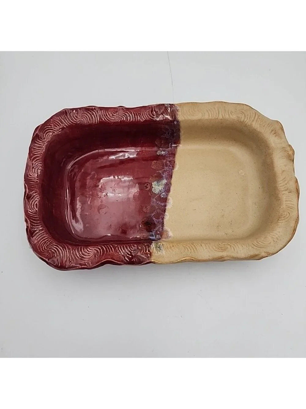 Baking Dish Pottery Red Beige Stoneware 12x7.5x2
